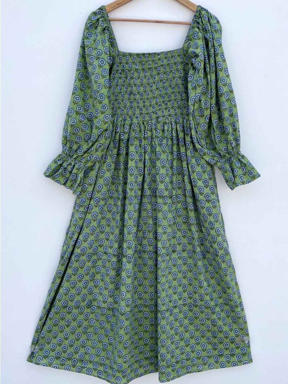 Smocked Square-Neck Maxi Dress in Green Print